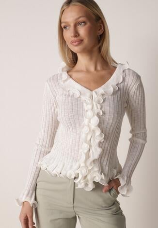 Biała Prążkowana Bluzka z Wiskozą Ozdobiona Falbanami Pronasia