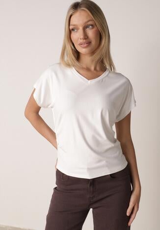 Biały T-shirt z Wiskozy z Trójkątnym Dekoltem Achiore