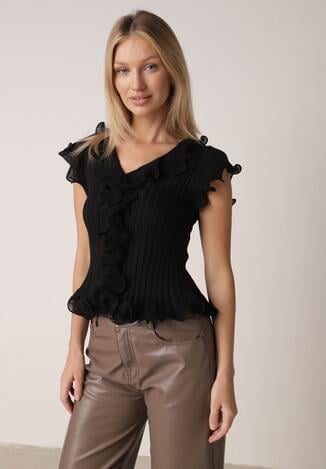 Czarna Prążkowana Bluzka z Wiskozą Ozdobiona Falbanami Delestra