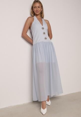 Niebieska Sukienka z Wiązanym Dekoltem Typu Halter i Biżuteryjnymi Guzikami Raena