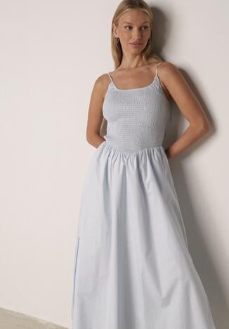 Niebieska Bawełniana Sukienka Rozkloszowana z Elastyczną Górą i Wiązanymi Ramiączkami Nyphea