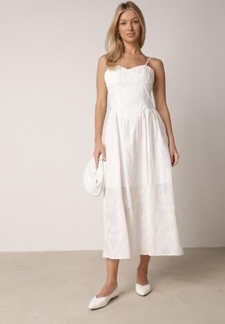 Biała Bawełniana Sukienka o Rozkloszowanym Kroju na Ramiączka z Haftem Rhethiphe