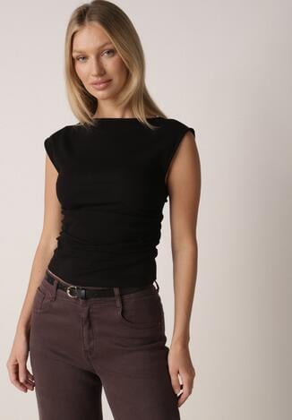Czarna Bluzka z Elastycznego Materiału z Dekoltem Łódką Megaris