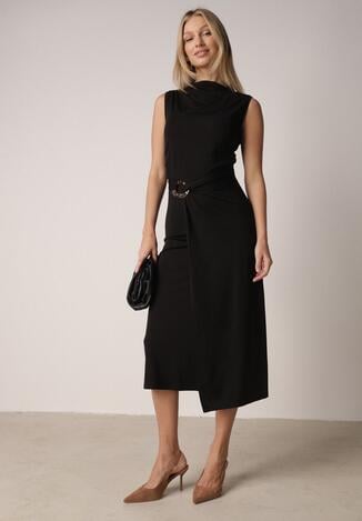 Czarna Wizytowa Sukienka Taliowana z Metaliczną Ozdobą Aroos