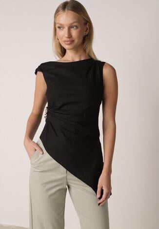 Czarna Bawełniana Bluzka o Asymetrycznym Marszczonym Kroju z Aplikacją Omphasia