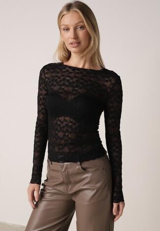 Czarna Bluzka Koronkowa z Transparentnego Materiału Hermatea
