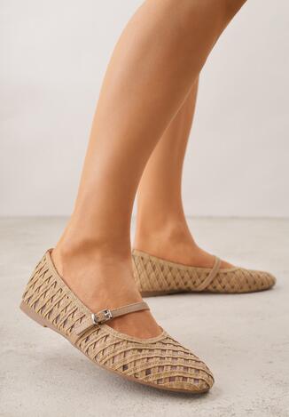 Beżowe Balerinki Ozdobione Ażurowym Motywem i Paskiem Nonaniassi