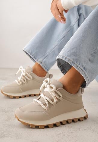 Beżowe Sneakersy na Grubej Tłoczonej Podeszwie Zerda