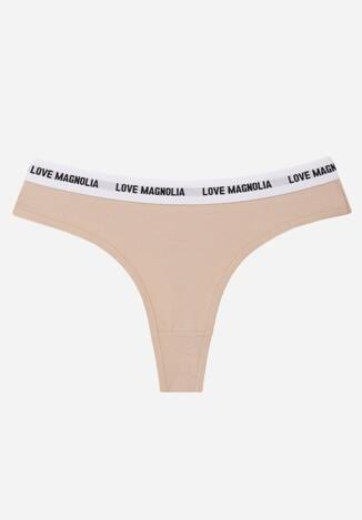Beżowe Majtki Typu Stringi z Bawełną i Napisami Veza