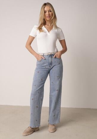 Niebieskie Jeansy z Bawełną o Szerokim Kroju z Wysokim Stanem Ozdobione Haftem Oslian