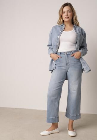 Niebieskie Jeansy Kuloty z Bawełną o Szerokim Kroju z Wysokim Stanem z Przeszyciami Hippesilea