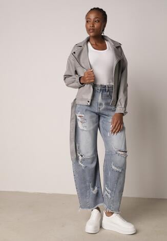 Niebieskie Bawełniane Jeansy Balloon z Wysokim Stanem i z Prztarciami Dziurami Typhaea