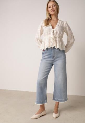 Niebieskie Jeansy Kuloty z Bawełną o Szerokim Kroju z Wysokim Stanem i Perełkami Kharope