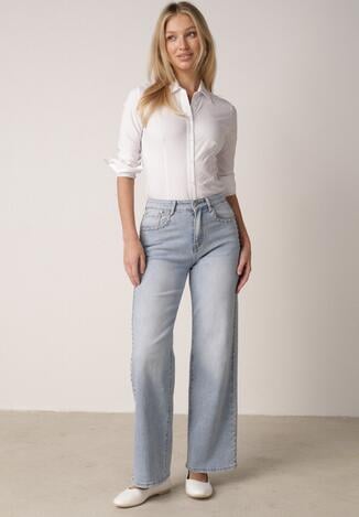 Niebieskie Szerokie Jeansy Wysoki Stan z Bawełną Ozdobione Nitami Basithoe