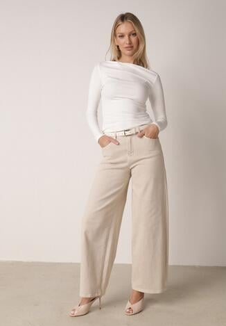 Beżowe Bawełniane Jeansy Szerokie z Wysokim Stanem Wylinnys