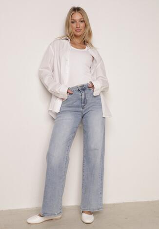 Niebieskie Jeansy Szerokie z Wysokim Stanem Ozdobione Przeszyciami Aikaea