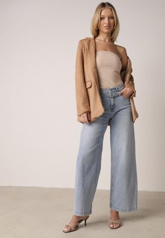 Niebieskie Szerokie Jeansy z Bawełną z Wysokim Stanem i Denimowym Paskiem Venwyn