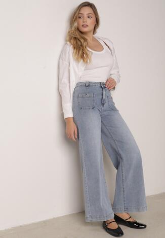 Niebieskie Jeansy Szerokie z Wysokim Stanem z Ozdobnymi Kieszonkami Phinis