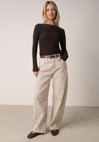 Beżowe Bawełniane Jeansy o Kroju Balloon z Wysokim Stanem i Przeszyciami Katameia