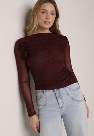 Bordowa Bluzka Siateczkowa z Marszczeniem i Kwiatową Aplikacją Nelimor