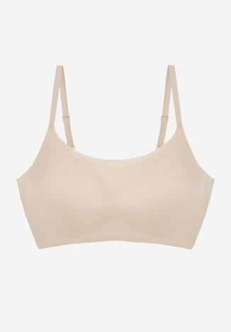 Beżowy Bezszwowy Biustonosz Bez Fiszbin z Usztywnianymi Miseczkami Leavessa