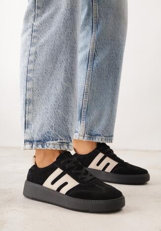 Czarne Skórzane Sneakersy na Kauczukowej Podeszwie z Geometrycznym Motywem Shytyse