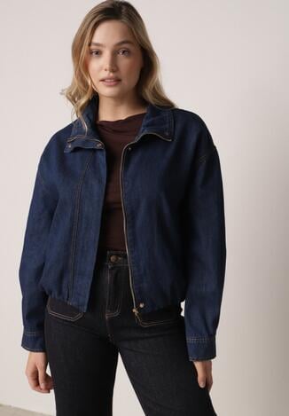 Niebieska Jeansowa Kurtka Przejściowa z Bawełny o Kroju Bombki z Kołnierzykiem Jotima