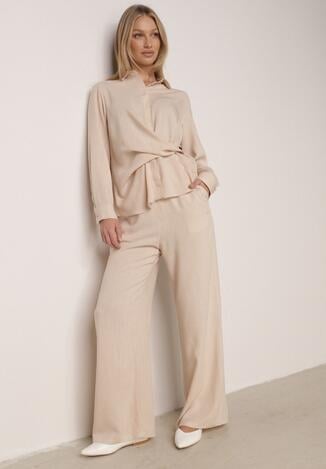 Beżowy Wiskozowy Komplet Asymetryczna Koszula i Spodnie z Kieszeniami Moneia
