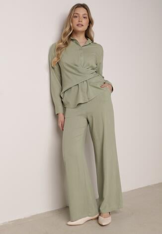 Zielony Wiskozowy Komplet Asymetryczna Koszula i Spodnie z Kieszeniami Moneia