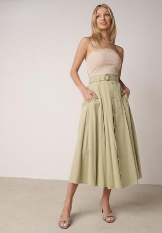 Zielona Spódnica Rozkloszowana z Bawełną i Paskiem oraz Kieszniami Jorlea