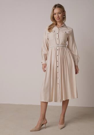 Beżowa Wiskozowa Sukienka Koszulowa z Paskiem Andranassa