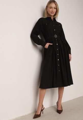Czarna Wiskozowa Sukienka Koszulowa z Paskiem Andranassa