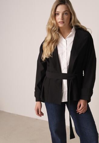 Czarna Bawełniano-Wiskozowa Kurtka Typu Krótki Trencz z Ozdobnym Guzikiem Dafena