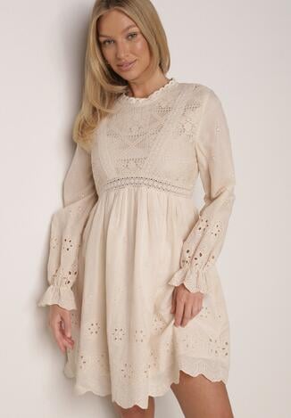 Beżowa Sukienka w Rustykalnym Stylu z Haftowanej Tkaniny z Bawełną Delogana