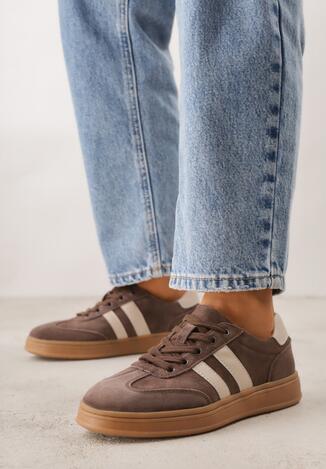 Ciemnobrązowe Skórzane Sneakersy i Ozdobnymi Paskami Zelisei