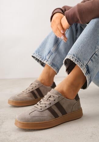 Beżowe Skórzane Sneakersy i Ozdobnymi Paskami Zelisei