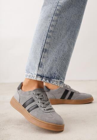Szare Skórzane Sneakersy i Ozdobnymi Paskami Zelisei
