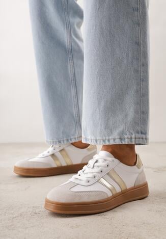 Białe Skórzane Sneakersy i Ozdobnymi Paskami Zelisei