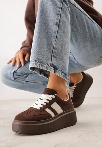 Brązowe Sneakersy Kultowe Tenisówki na Platformie z Koturnem Elisara