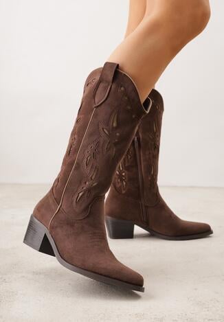Brązowe Botki Kowbojki na Stożku z Imitacji Zamszu z Ażurowymi Wstawkami  Crela