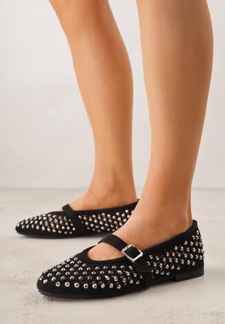 Czarne Ażurowe Balerinki z Paskiem z Klamerką i Cyrkoniami Feanoene