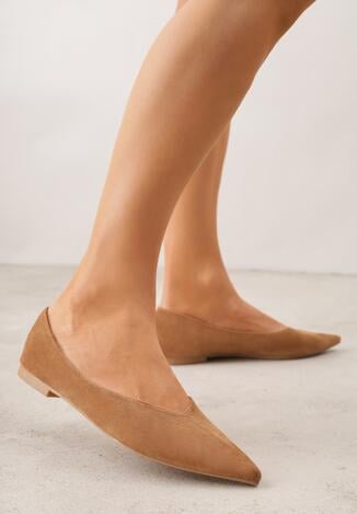 Jasnobrązowe Balerinki z Imitacji Zamszu z Noskiem w Szpic Egynome