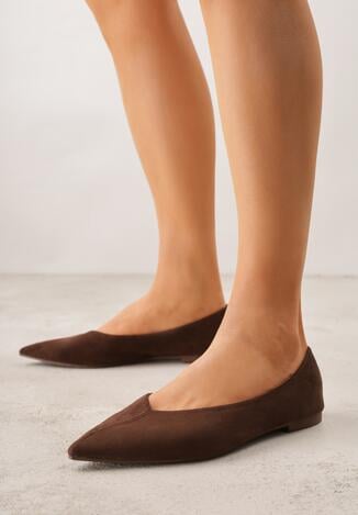 Brązowe Balerinki z Imitacji Zamszu z Noskiem w Szpic Egynome