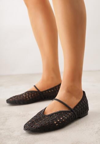 Czarne Ażurowe Balerinki z Imitacji Plecionki z Paskiem Naeraea