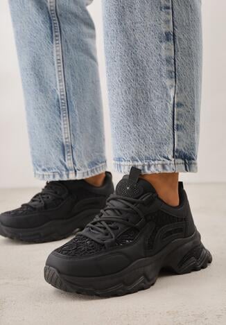 Czarne Sneakersy na Grubej Podeszwie z Koronkowymi Wstawkami i Cyrkoniami Sephialle