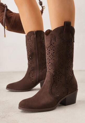 Brązowe Ażurowe Botki na Obcasie w Stylu Kowbojek Lissemi