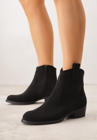 Czarne Botki Ażurowe na Obcasie w Stylu Kowbojek Lalona