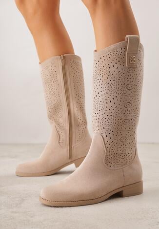 Ciemnobeżowe Botki Ażurowe Ozdobione Metaliczną Aplikacją Iomosa