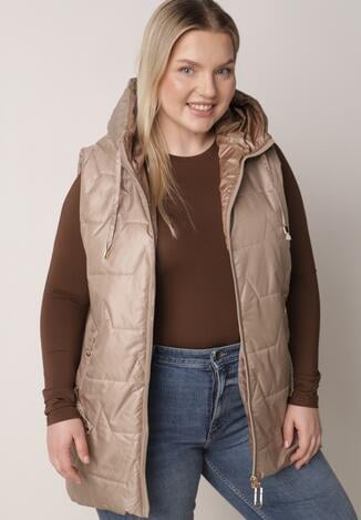 Jasnobrązowa Kamizelka z Nieodpinanym Kapturem i Geometrycznym Pikowaniem Kalousa