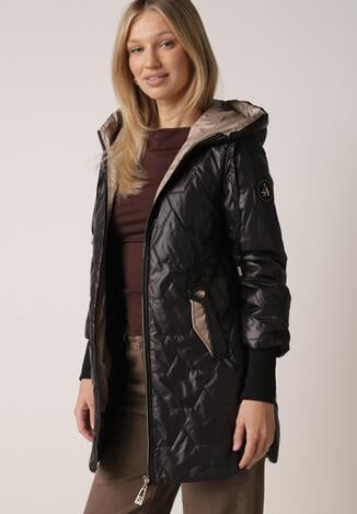 Czarna Pikowana Kurtka Przejściowa z Kapturem i Bocznymi Suwakami Mado